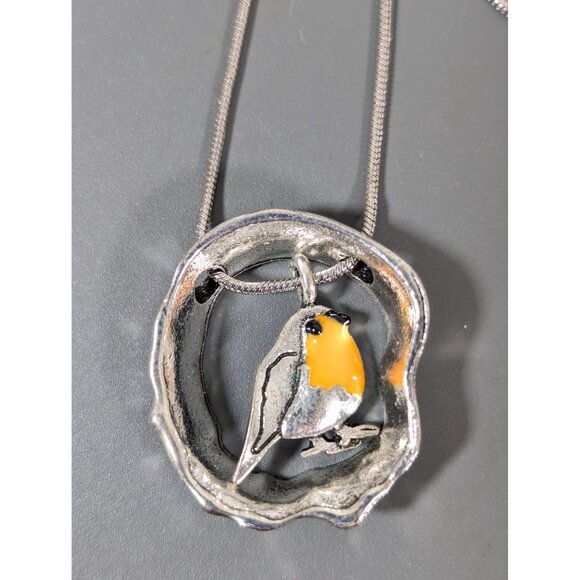Silver Tone Orange Bird Charm Necklace Boho 20" - Picture 5 of 7